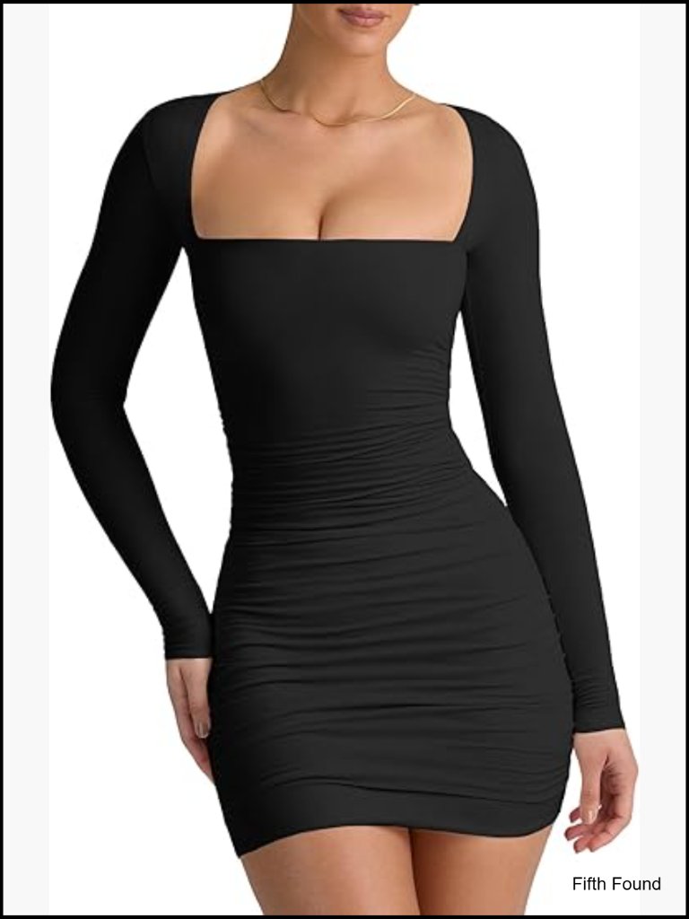 Long Sleeve Square Neck Ruched Bodycon Mini Dress